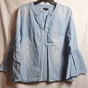 J. CREW Chambray Denim Bell Sleeve Popover Tunic Top Sz M Blue Wash V-Neck GUC
